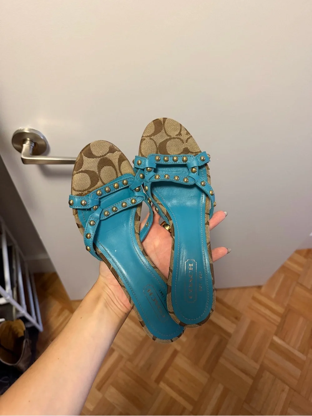 Coach vintage Turquoise Logo Canvas Stud Slide Sandals kitten heels